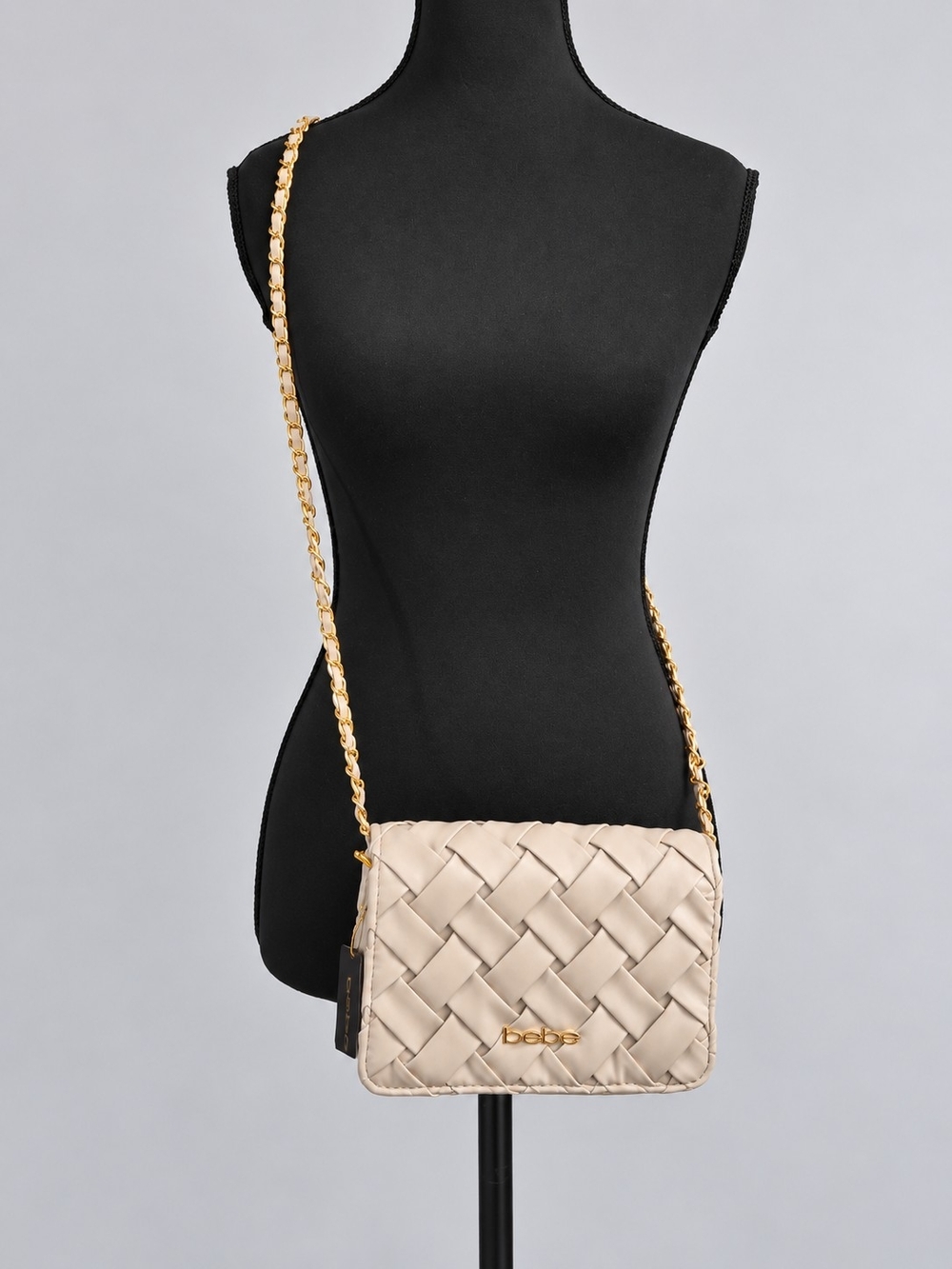 bebe Woven Cream Crossbody Bag with Gold Chain Strap